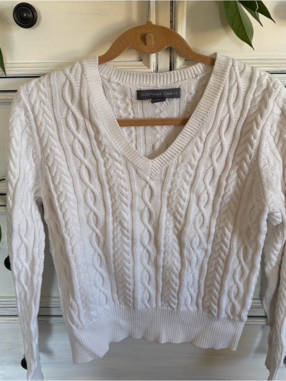 Josephine Chaus Cream Cable-Knit V-Neck Sweater Coastal Grandmother Vibes